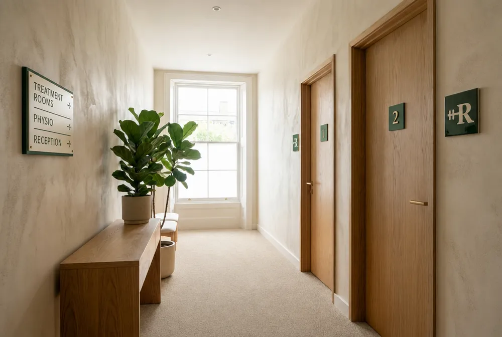 Clinic corridor leading to private treatment rooms