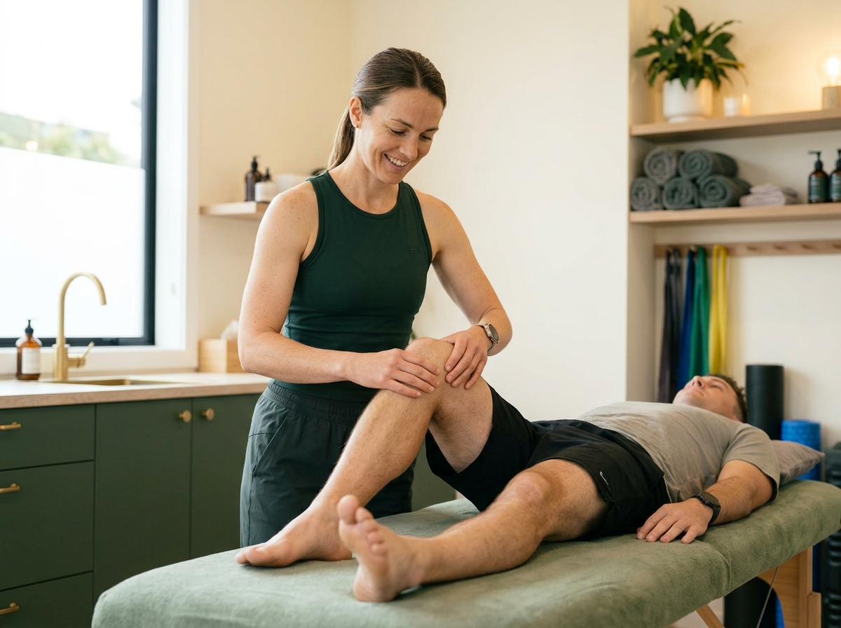 ACC Initial Consultation — physiotherapist assessing a patient's knee
